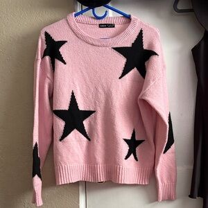 SHEIN Pink Crewneck Sweater with Black Star Motif